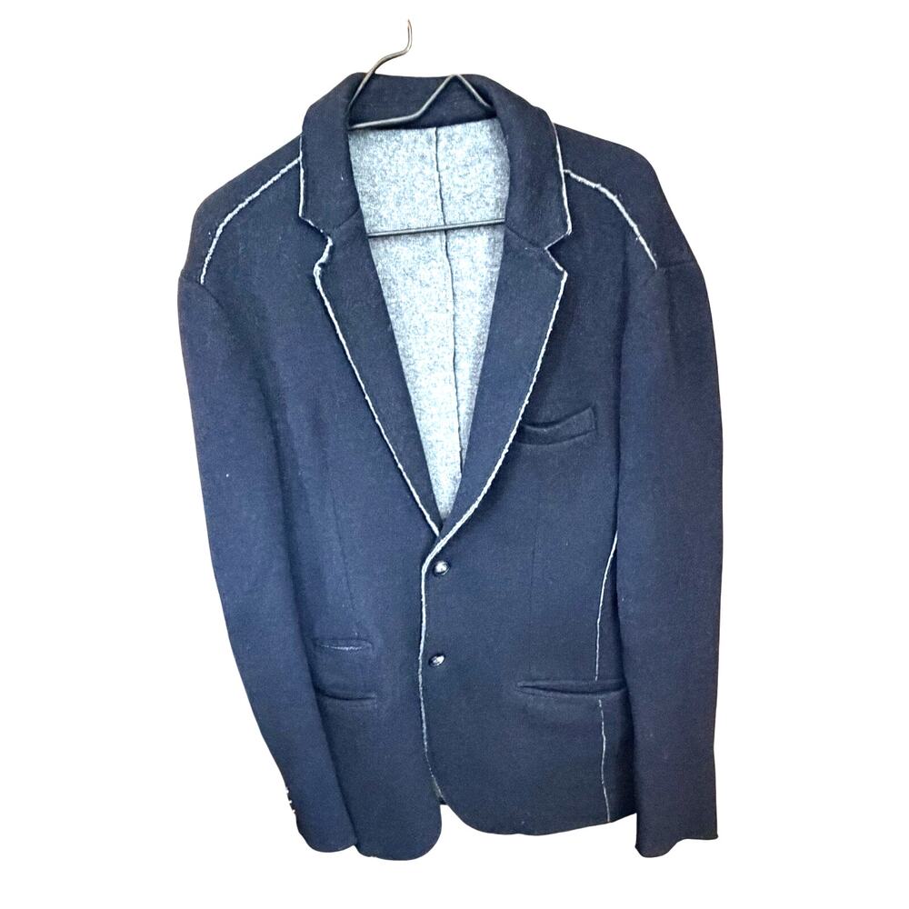 Zara Man XL Deconstructed Knit Blazer Navy Blue Raw Edge Wool Blend Avant Garde